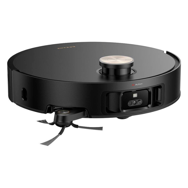 Black Dreame robot vacuum cleaner with charging dock base, round design, white logo and buttons.