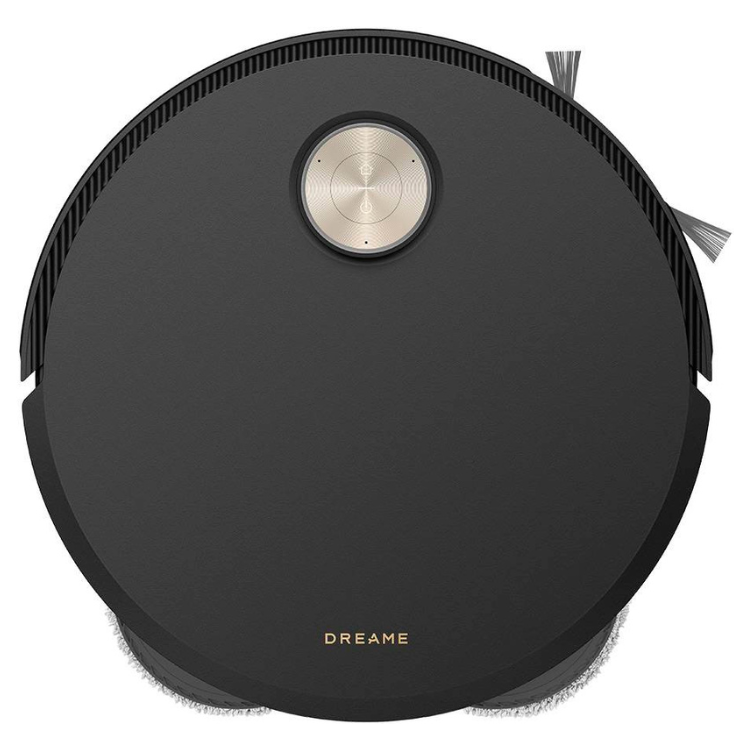 Black Dreame robot vacuum cleaner with gold logo and silver accents.