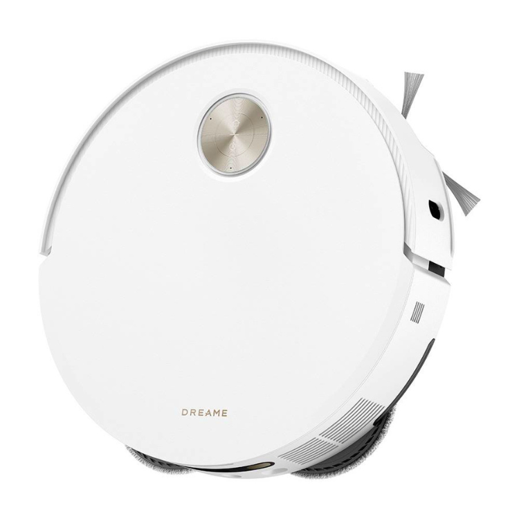 White Dreame robot vacuum cleaner with gold accents and charging dock base.