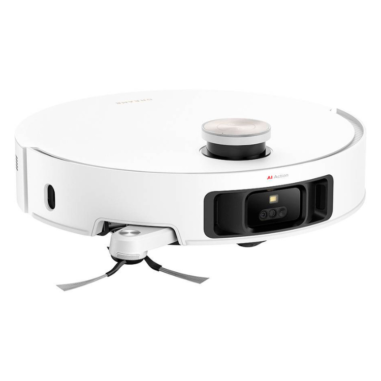 White Dreame robot vacuum cleaner with black accents and AI Action logo.