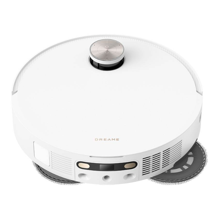 White Dreame robot vacuum cleaner with silver accents and black base.