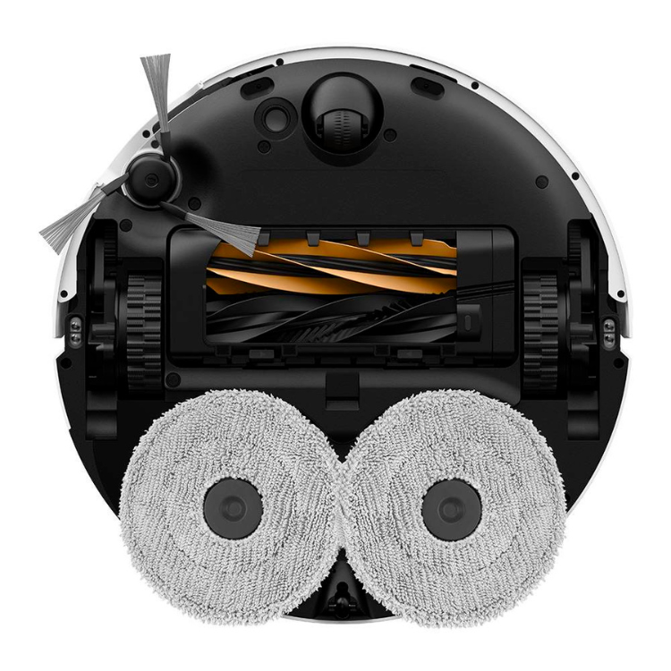 Dreame X50 Ultra robot vacuum cleaner, white and black, underside view showing mop pads and brushes.