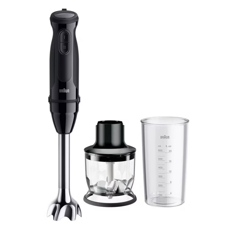 Black Braun MultiQuick 3 hand blender with 900W motor, chopper and measuring cup.