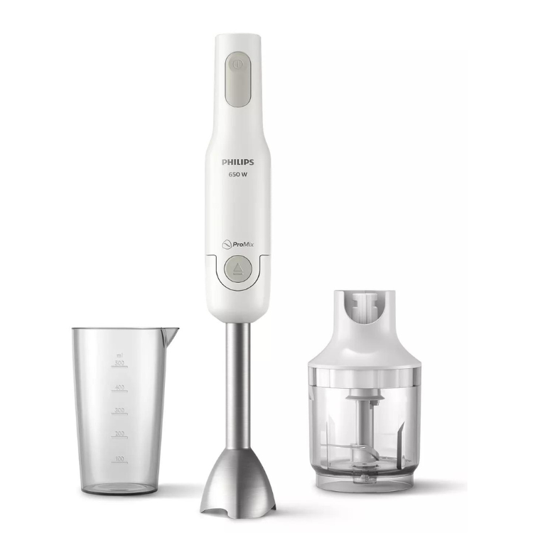 Philips DailyPro Mix hand blender, white, 650W, with measuring cup and chopper attachment.