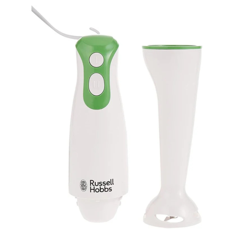 Russell Hobbs white and green handheld blender with detachable shaft.