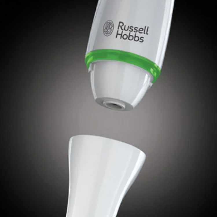 Russell Hobbs white handheld blender with green accent