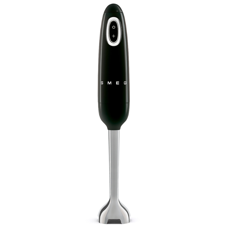 Black Smeg handheld blender with silver accents and control buttons.