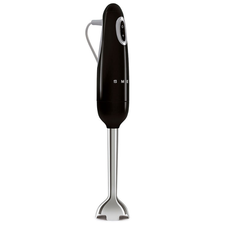 Black Smeg handheld blender with silver accents and button.