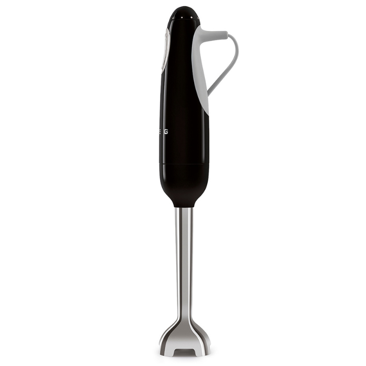 Black Smeg handheld blender with silver accents and long metal shaft.