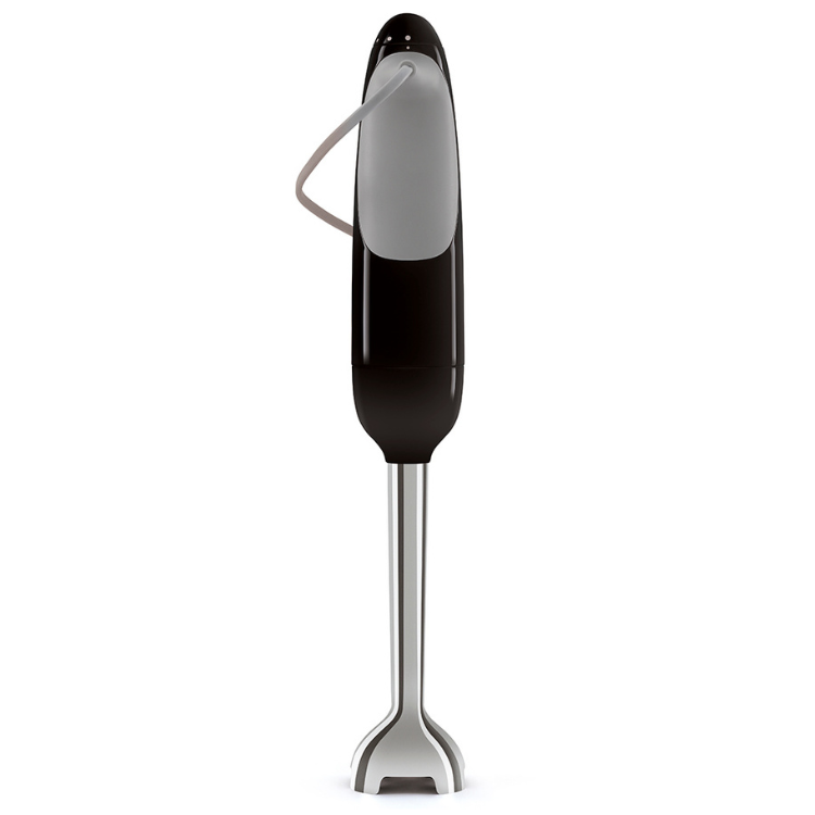 Black Smeg Anni 50 handheld blender with stainless steel shaft and accessories.