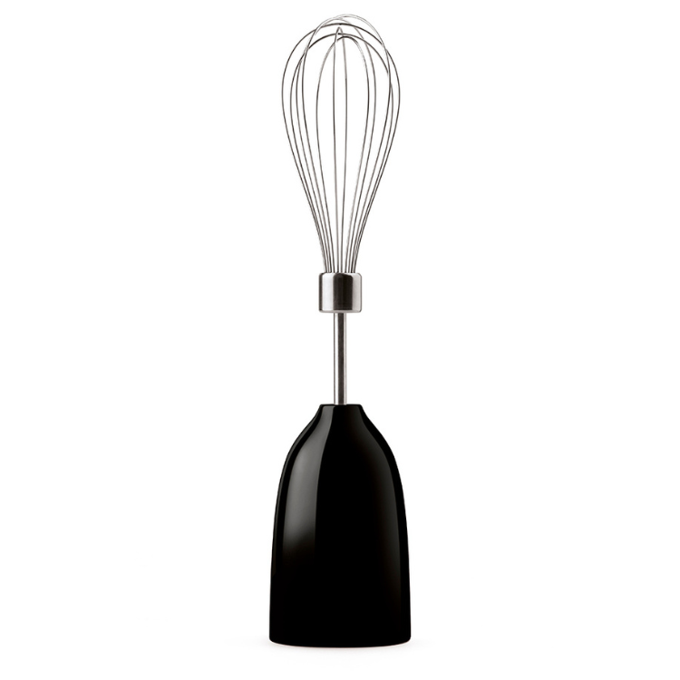 Black Smeg Anni 50 handheld mixer with whisk attachment.
