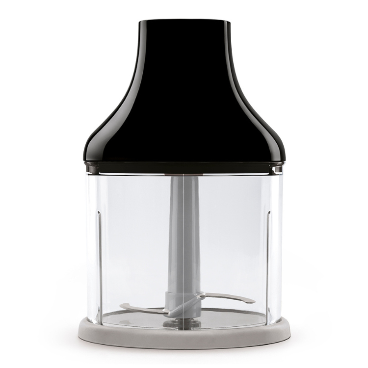 Black Smeg Anni 50 blender with clear container and accessories.