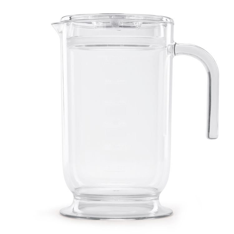 Clear glass measuring jug with handle, Smeg brand, on white background.