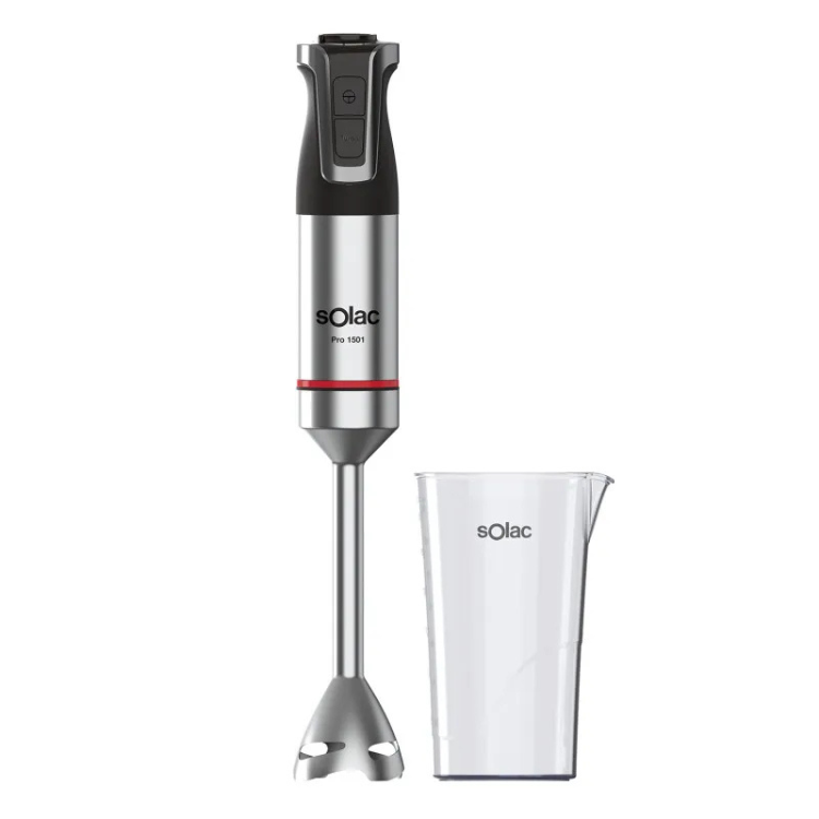 Solac Pro 1501 handheld blender, stainless steel and black, with clear plastic beaker.