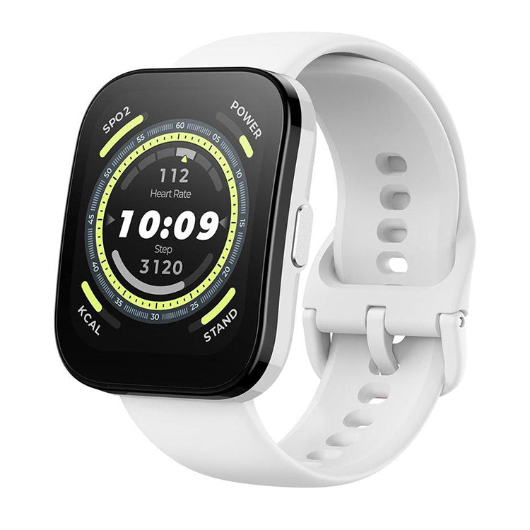 Smartwatch Amazfit Bip 5 branco com pulseira branca e mostrador preto, mostrando o tempo 10:09 e frequência cardíaca 112.