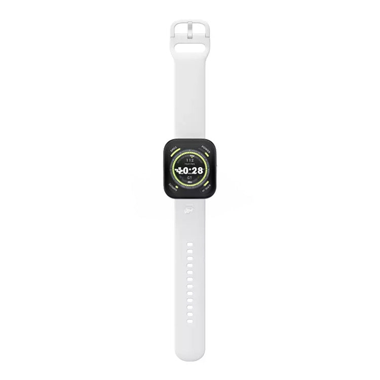Smartwatch Amazfit Bip 5 branco com pulseira branca e ecrã preto a mostrar as 10:28.