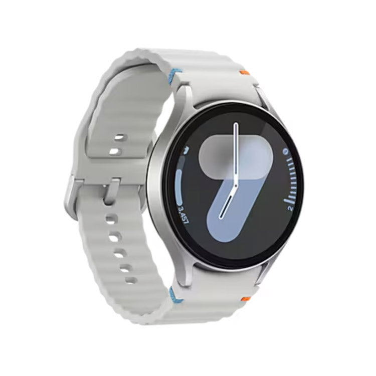 Smartwatch Samsung Galaxy Watch7 44mm LTE Prateado com pulseira branca e ecrã preto.