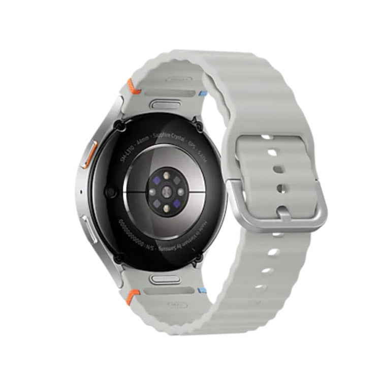 Smartwatch Samsung Galaxy Watch7 44mm LTE prata com pulseira cinza, virado para baixo.