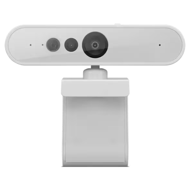 Lenovo webcam, white, with black lens and mic holes.