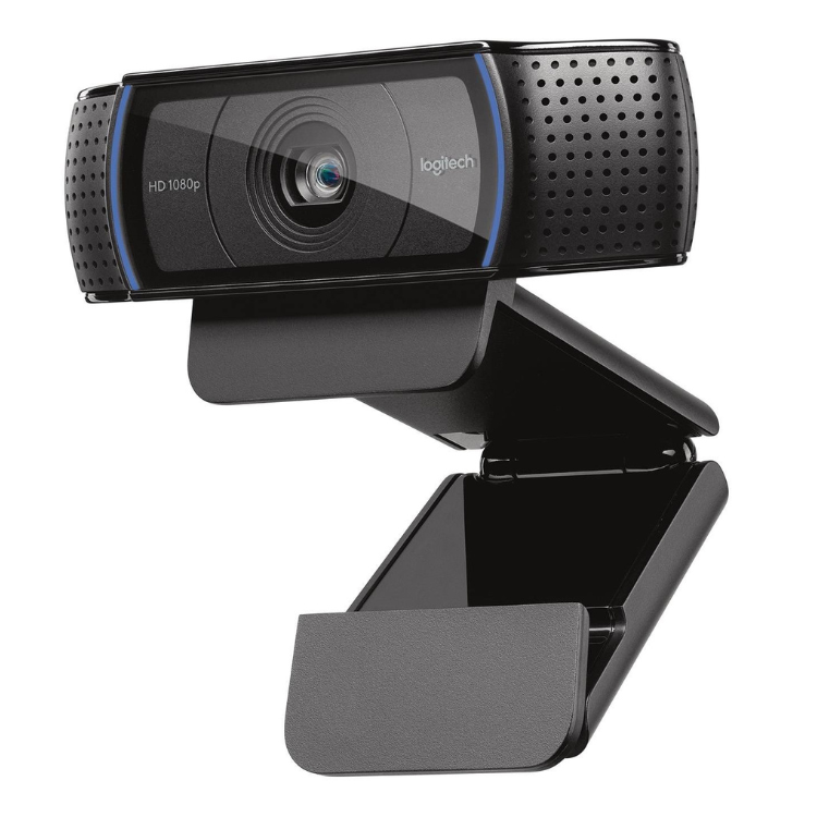 Black Logitech C920 Pro webcam, HD 1080p, with blue accents.