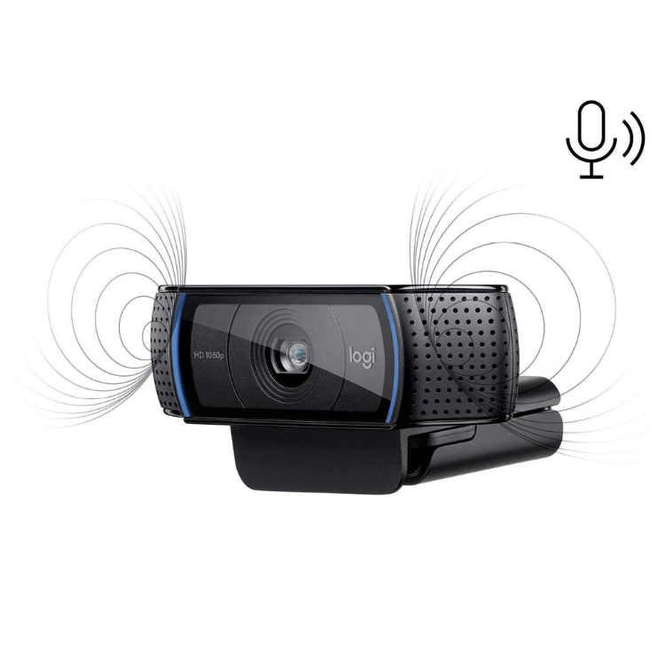 Black Logitech C920 Pro webcam with blue accents, 1080p HD.