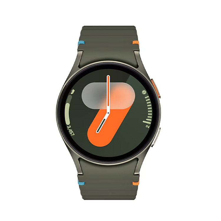 Smartwatch Samsung Galaxy Watch7 44mm Verde, pulseira cinza com detalhes laranja e azul, mostrador com ponteiros brancos e laranja.