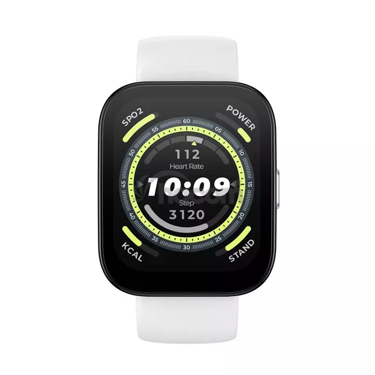 Smartwatch Amazfit Bip 5 branco, 46mm, pulseira branca, ecrã preto com mostrador digital e indicadores de frequência cardíaca, passos e outros dados de saúde.