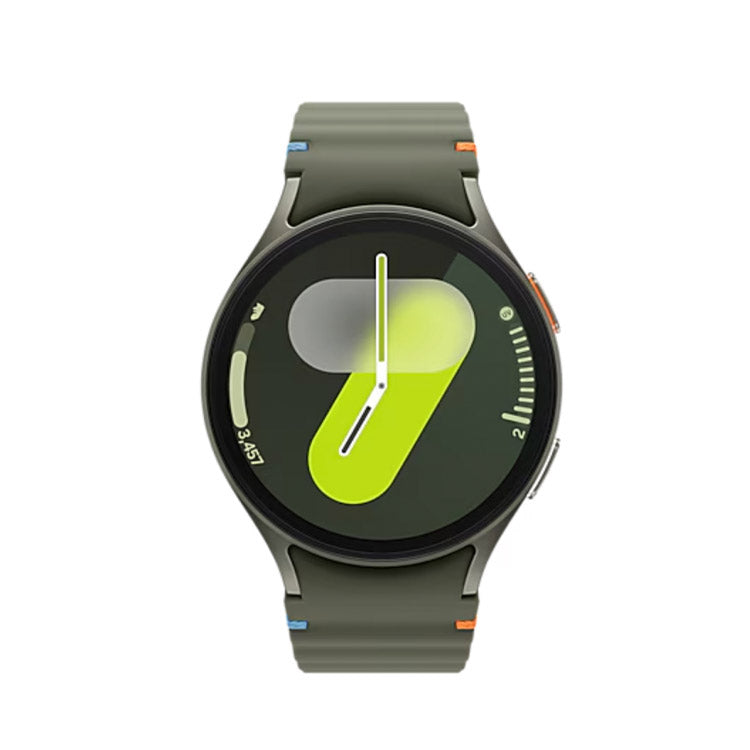 Smartwatch Samsung Galaxy Watch7 L315 44mm verde com pulseira cinza e ecrã preto com mostrador de relógio em amarelo e branco.