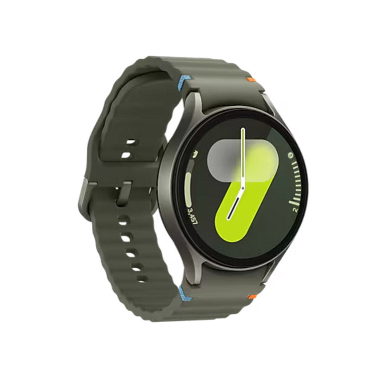 Smartwatch Samsung Galaxy Watch7 L315 44mm LTE Verde, pulseira de borracha cinza com detalhes em laranja e azul, mostrador redondo com interface de relógio.