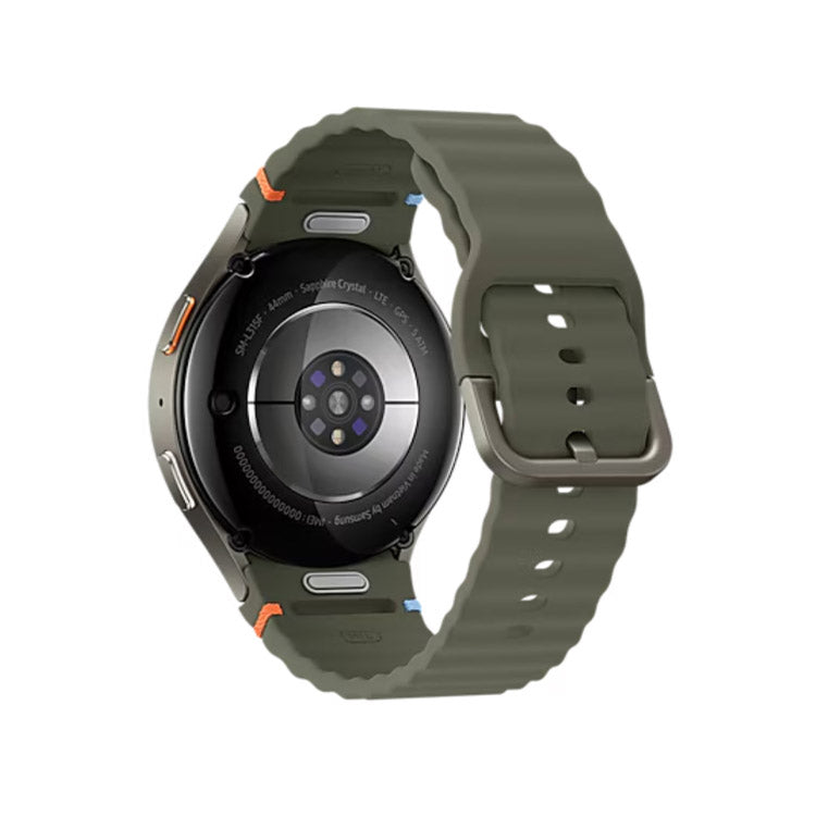 Smartwatch Samsung Galaxy Watch7 L315 44mm verde com pulseira e ecrã preto visível por trás.