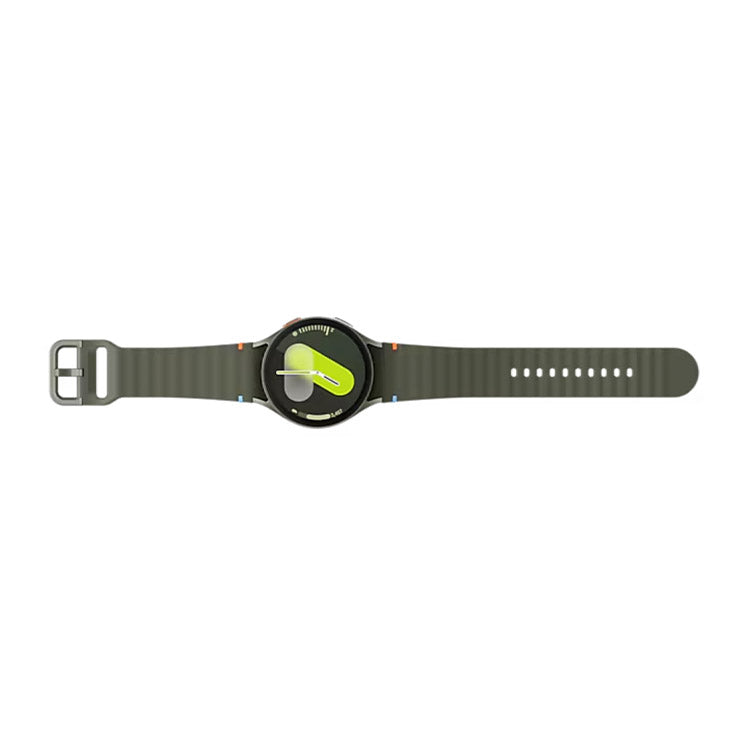 Smartwatch Samsung Galaxy Watch7 L315 44mm verde com pulseira escura e mostrador preto com ponteiros verdes.