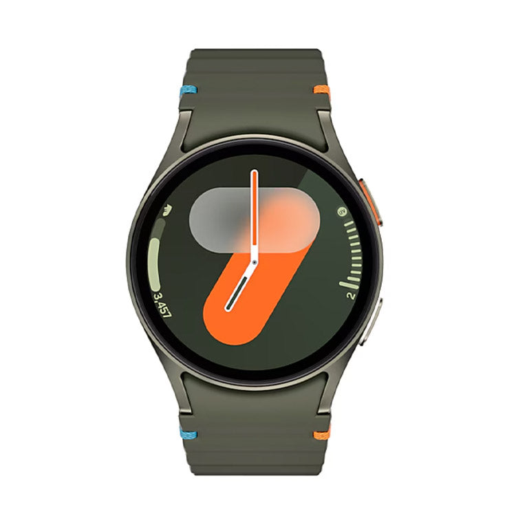 Smartwatch Samsung Galaxy Watch7 L305 40mm verde com pulseira verde e detalhes laranja, mostrador com ponteiros brancos e número 9 laranja.