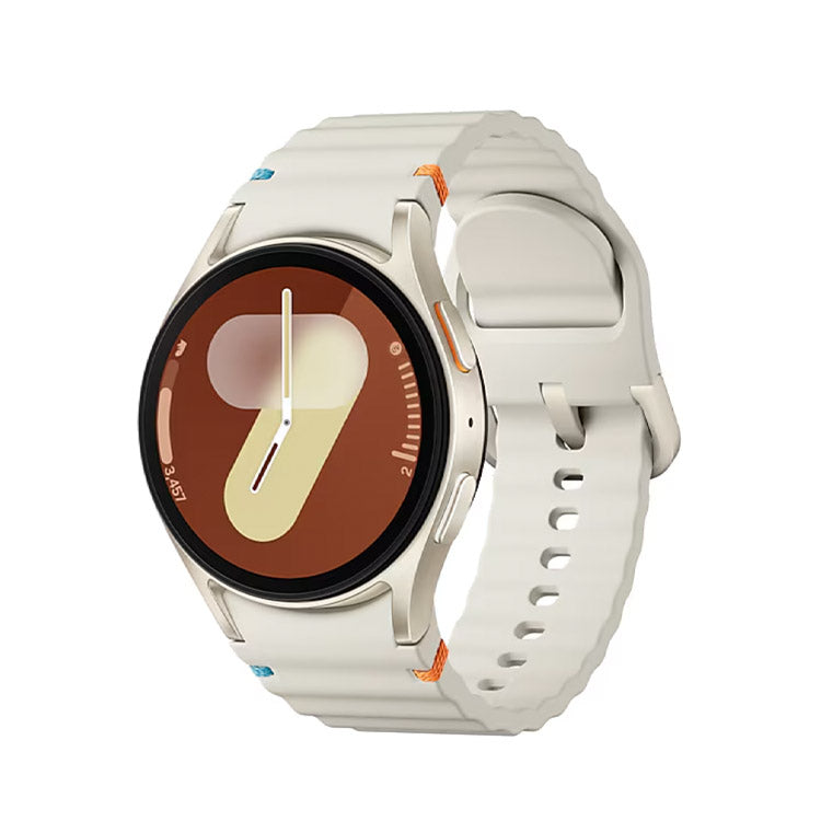Smartwatch Samsung Galaxy Watch7 40mm Creme com pulseira branca e mostrador castanho.