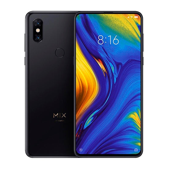 Smartphone Xiaomi Mi Mix 3 5G preto, com ecrã ligado a mostrar o wallpaper e o relógio, e costas do aparelho à vista.