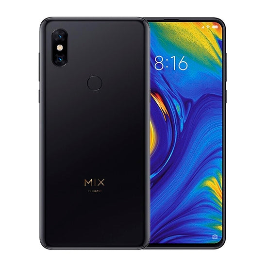 Smartphone Xiaomi Mi Mix 3 5G preto, com ecrã ligado a mostrar o wallpaper e hora 8:16.