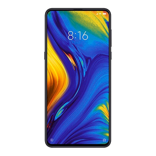 Smartphone Xiaomi Mi Mix 3 5G, preto, ecrã ligado com wallpaper colorido e hora 8:16.