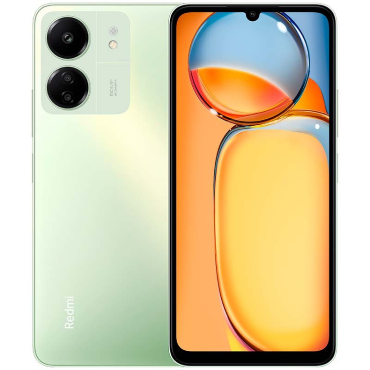 Smartphone Xiaomi Redmi 13C verde, com 4GB de RAM e 128GB de armazenamento, câmaras duplas e ecrã colorido.