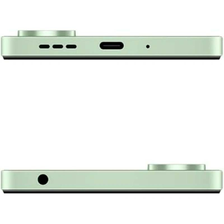 Smartphone Xiaomi Redmi 13C verde, vista lateral com detalhes das entradas e câmera.