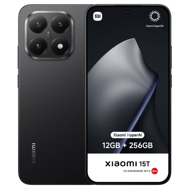 Xiaomi 15T 5G preto, 12GB/256GB, câmara quádrupla, ecrã ligado.
