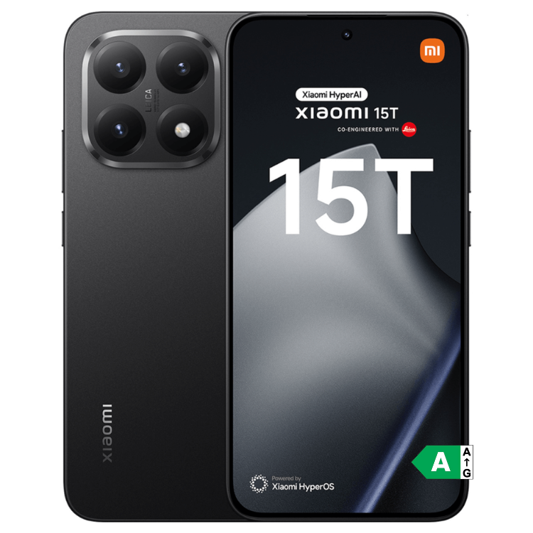 Smartphone Xiaomi 15T 5G preto com quatro câmeras e ecrã ligado a mostrar marca e modelo.
