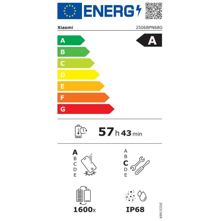 Etiqueta energética do Xiaomi, eficiência A, 57 horas e 43 minutos de bateria, zoom 1600x e resistência IP68.