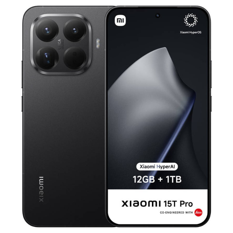 Smartphone Xiaomi 15T Pro 5G preto, 12GB/1TB, câmara quádrupla e ecrã com logotipo Xiaomi e HyperOS.