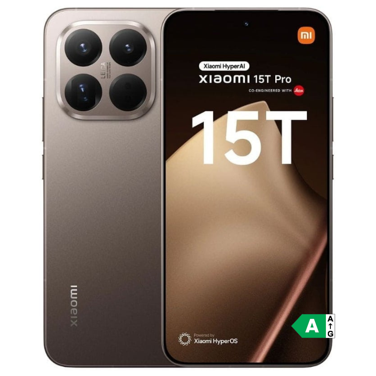 Xiaomi 15T Pro 5G dourado, vista frontal e traseira, quatro câmeras e ecrã com logótipo Xiaomi e 15T.