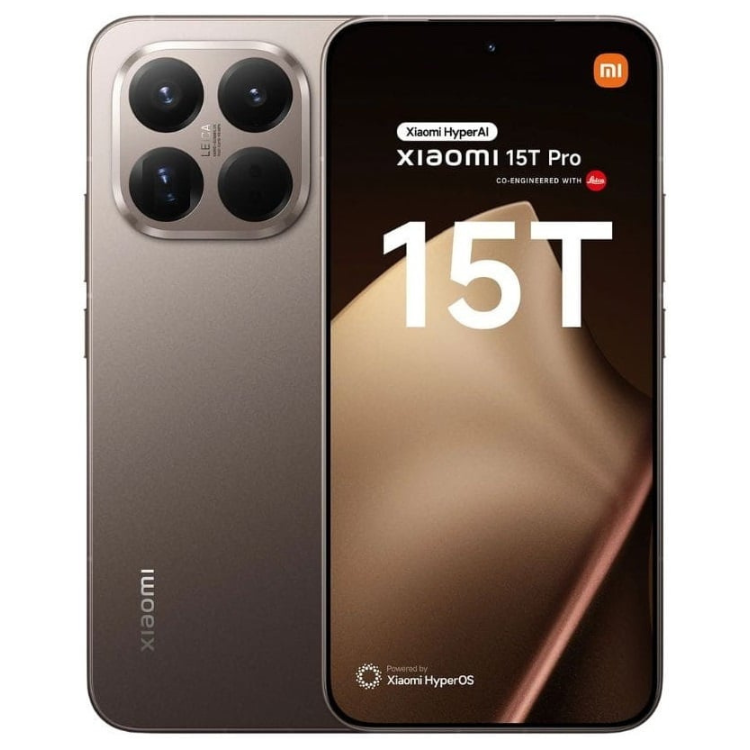 Smartphone Xiaomi 15T Pro 5G, cor dourada,  câmaras quádruplas na parte de trás e ecrã com logotipo.