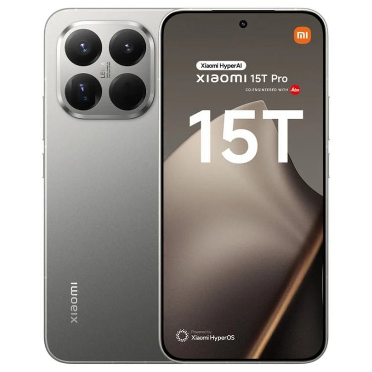 Smartphone Xiaomi 15T Pro 5G cinzento, 12GB RAM, 256GB, câmara quádrupla e ecrã ligado.