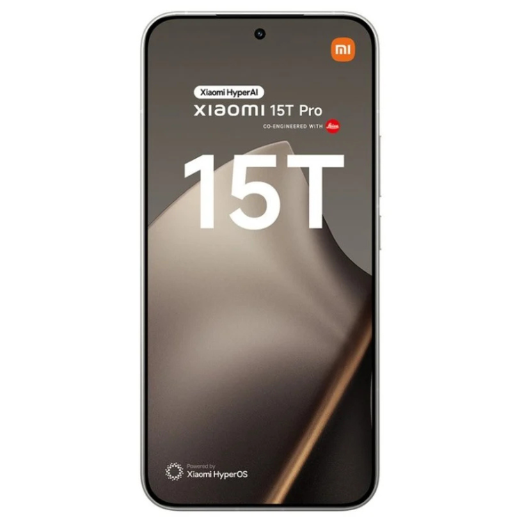 Smartphone Xiaomi 15T Pro 5G cinzento com ecrã ligado a mostrar marca e modelo.