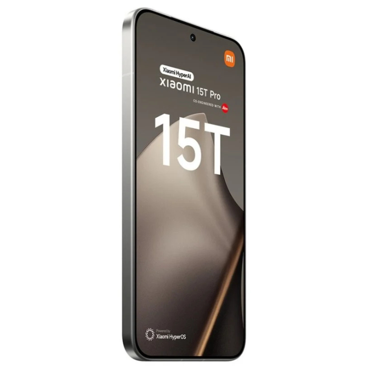 Smartphone Xiaomi 15T Pro 5G cinzento, ecrã com logótipo Xiaomi e texto 15T.