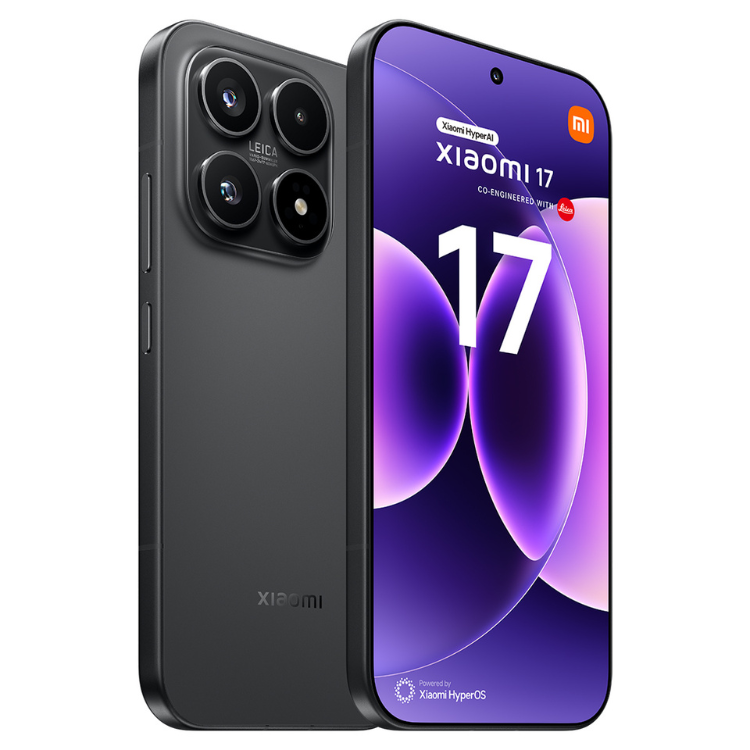Smartphone Xiaomi 17, preto, 12GB/512GB, 5G, Dual Sim, com câmaras quádruplas Leica e ecrã com wallpaper roxo.