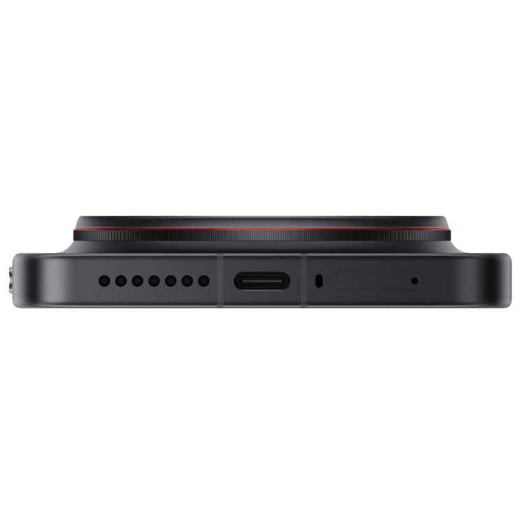 Xiaomi 17 Ultra preto, vista lateral com detalhes de portas e altifalantes.