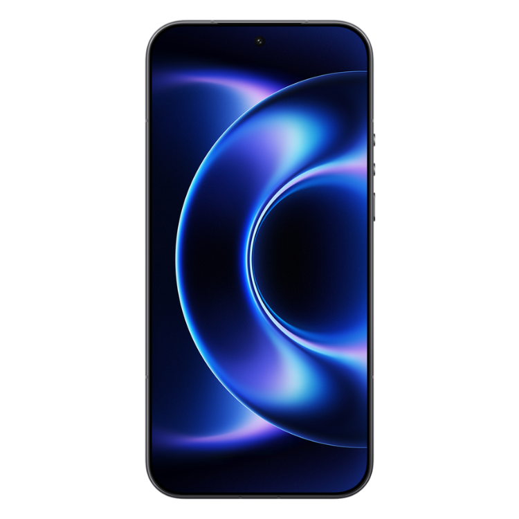 Smartphone Xiaomi 17 Ultra preto com ecrã azul e efeito luminoso.